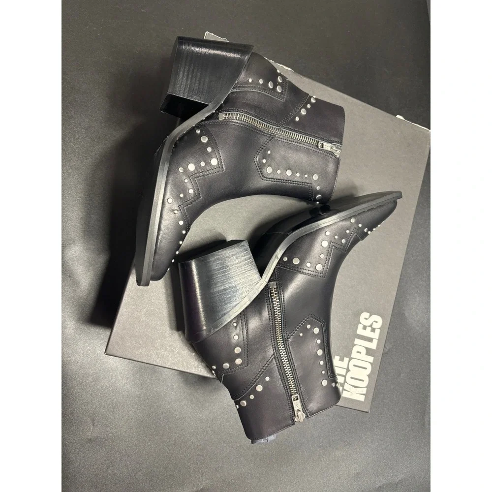 The Kooples Women's Santiag Leather Studded Ankle Booties Black/Silver FR 37/US6